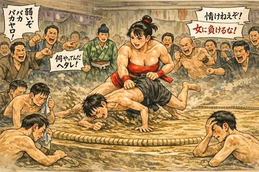 昭和初期の女力士に負けた恥ずかしい男の想像図